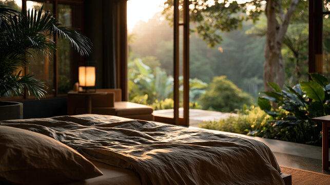 Serene Tropical Bedroom Retreat: A luxurious bedroom opens onto a lush tropical landscape, bathed in the warm, golden light of sunrise, creating a tranquil sanctuary for relaxation and rejuvenation.