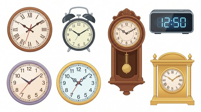 Clock Vector Illustration Collection with Modern Digital and Classic Analog Timepiece Designs