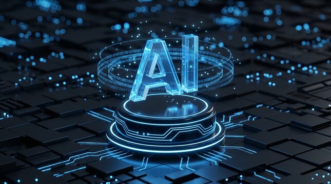 Artificial intelligence concept with glowing blue AI letters on a futuristic circuit board background