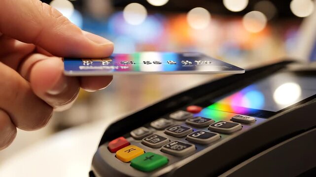 Customer paying with contactless credit card at store checkout terminal