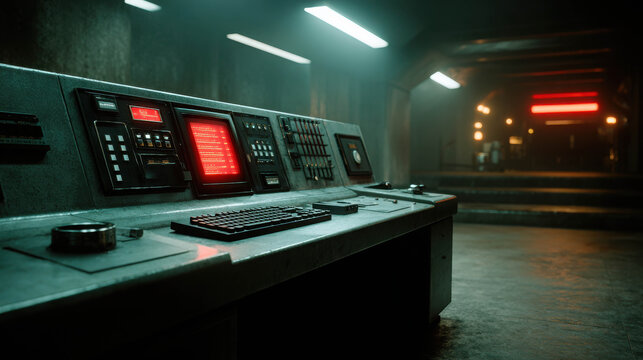 A vintage control panel with glowing red screens and numerous buttons, set in a dimly lit, industrial-style room with an ominous atmosphere