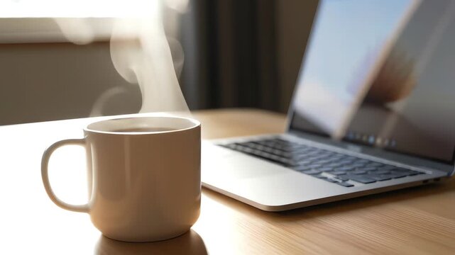Steaming coffee mug beside open laptop on wooden desk in sunlit office