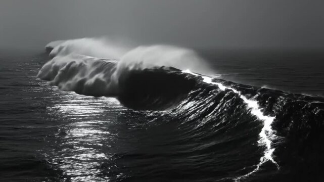 Epic Black and White Ocean Wave Crashing in Misty Atmosphere Illustrating Powerful Marine Energy