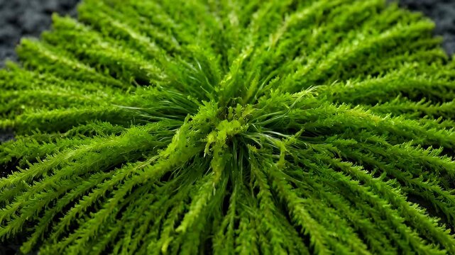 Green moss plant on dark rock and soil, lush texture with fern like natural pattern, close up nature growth