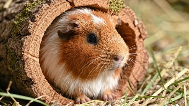 Guinea pig close portrait in wooden log tunnel, cute brown pet rodent mammal in grass and straw shelter