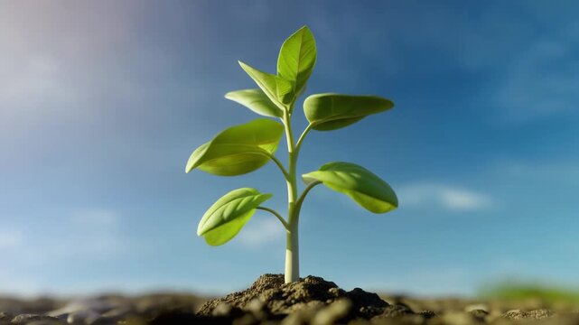 Young seedling emerging from soil illustrating early plant life cycle growth stages in natural outdoor environment with bright sunlight and clear b...