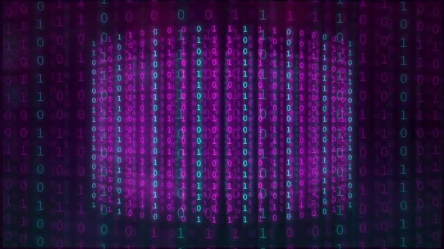 Abstract digital binary code background with glowing purple and blue data streams flowing vertically