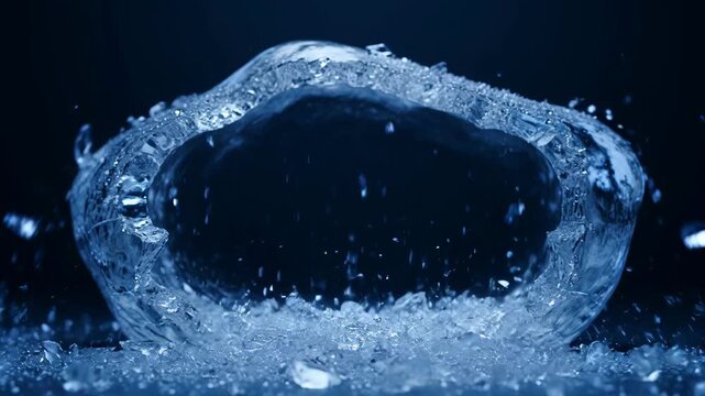 Cracked ice block sculpture on dark blue background with frozen crystal texture and dramatic light for SEO search benefit
