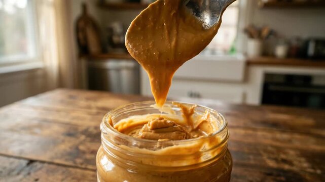 Creamy peanut butter in glass jar with wooden spoon on wooden table in warm kitchen light, smooth texture, natural homemade look