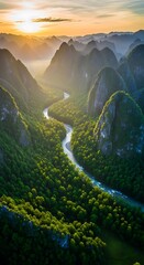 Fototapeta premium Aerial view of lush green valley winding river.