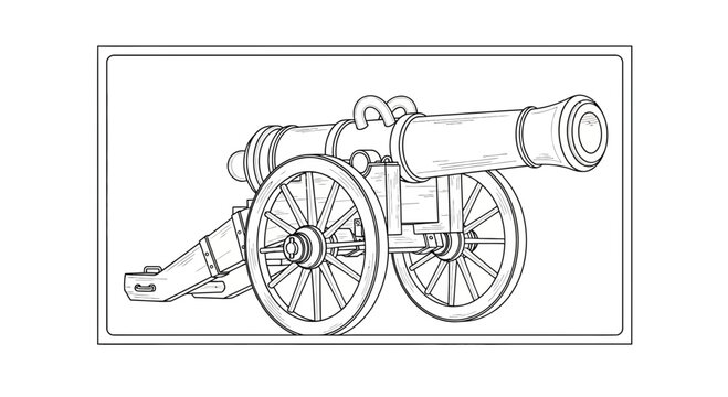Vintage Cannon Outline Drawing, Historical Artillery Weapon on Wheels, Black and White Line Art