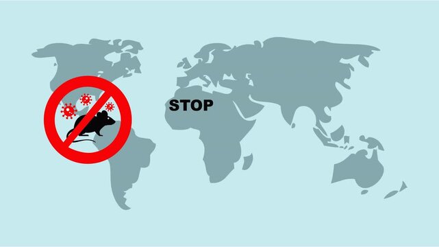 Global map icon, red circle, rat silhouette, virus particles, bold black text symbolizes stop on hantavirus. Suitable for educational websites, science presentations, and awareness campaign.