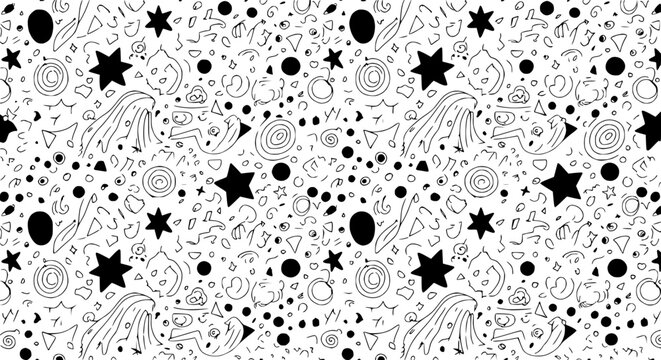 black and white starry night sky with doodles