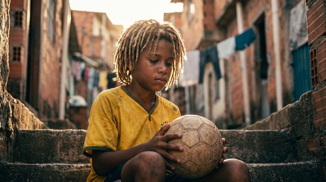 A young boy with dreadlocks wearing a worn yellow jersey sits on steps in a Brazilian favela, holding an old soccer ball with a pensive expression.