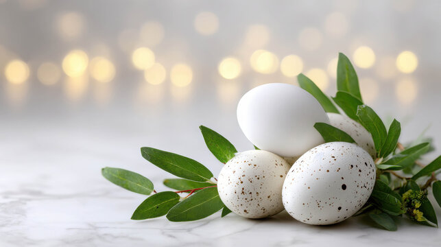 A cluster of white and speckled Easter eggs nestled among green leaves, with a soft bokeh background. The arrangement suggests a delicate and festive spring celebration.