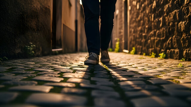 Person walking through narrow street of an ancient village with stone walls and timeless architecture. Concept of travel and heritage root
