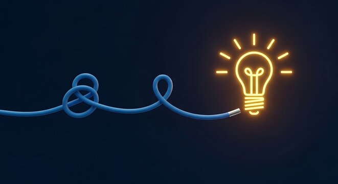 Glowing yellow lightbulb icon powered by blue cable on dark blue background