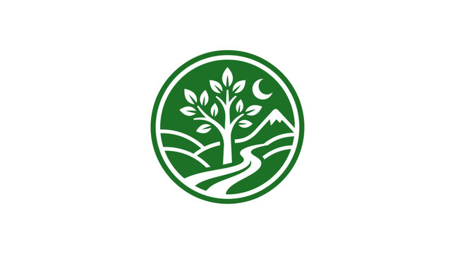 A circular green icon featuring a stylized tree and mountain landscape