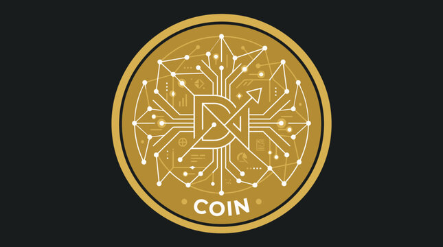 A golden digital coin featuring abstract circuit board patterns on a dark background