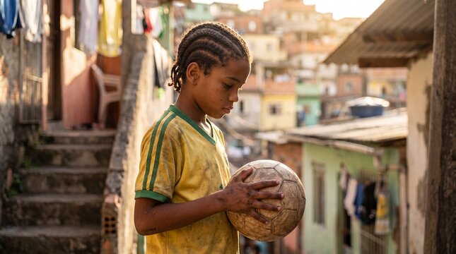A young boy with braided hair holds a worn soccer ball while standing in a colorful Brazilian favela at sunset, embodying hope and humble childhood dreams.