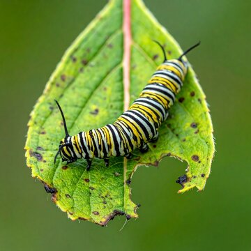 A close-up of a caterpillar on a green leaf with bite marks