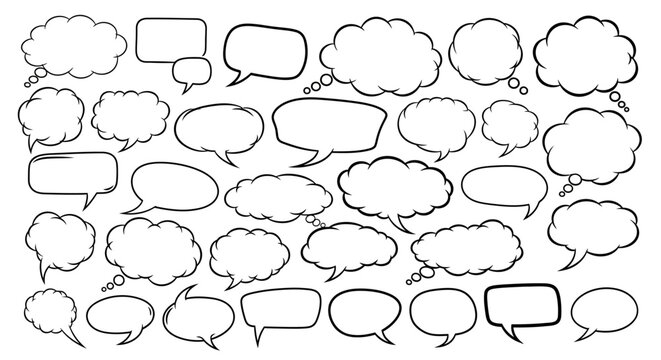 Large collection of blank white speech bubbles and thought clouds set in various shapes and comic book styles isolated on white background for communication and dialogue design.
