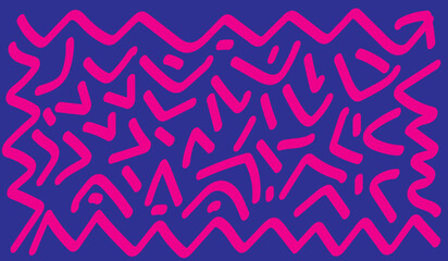Pink hand-drawn zigzag border and abstract v-shape pattern on blue background © mofizurart