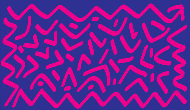 Pink hand-drawn zigzag border and abstract v-shape pattern on blue background