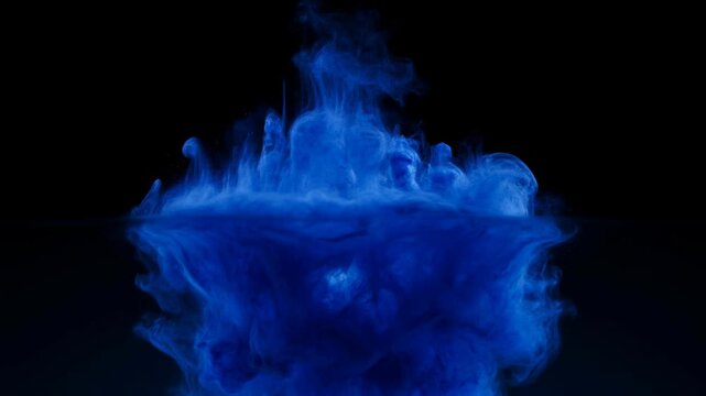 Blue smoke cloud abstract vapor on dark background with glowing horizon line and minimal space reflection on dark surface
