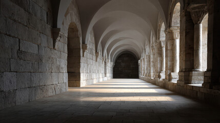 Obraz premium An empty, long, and narrow stone corridor with arched ceilings and natural light streaming in through the windows, creating a dramatic play of light and shadow