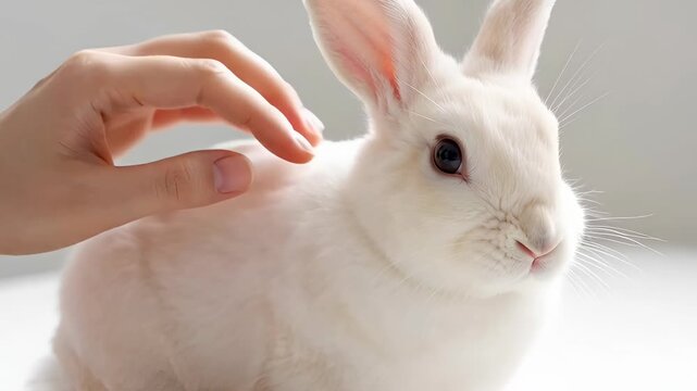 White rabbit hand touch pet animal soft fur ear close up gentle fluffy care SEO title for video upload