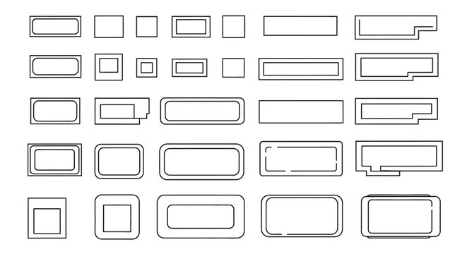 Set of minimalist black line art rectangle frames and UI button outlines for digital design projects