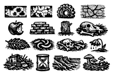 Obraz premium Vintage decomposition and decay icon set. Hand-drawn linocut elements including skull, bones, rotting apple, mold, hourglass, and mushrooms. Vector graphics