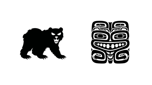 Bear silhouette and indigenous tribal totem art.
