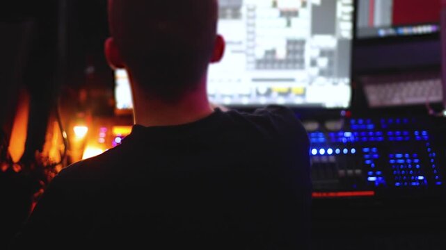 Lighting engineer operator working on mixing console workplace during live event concert on stage show broadcast, light mixer controller panel, sound technician workplace with professional equipment