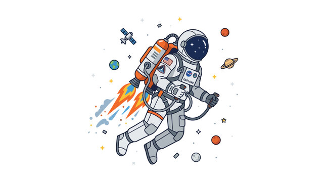Cartoon astronaut floating in space with planets and stars