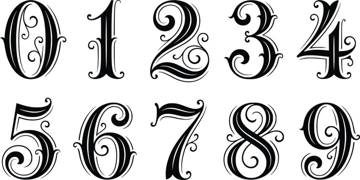 Numbers set zero to nine featuring elegant decorative calligraphy with ornate swirls and flourishes in classic black vector style.