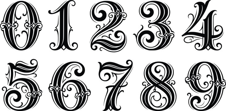 Set of luxury numbers zero to nine featuring intricate decorative calligraphy with ornate swirls in black vector graphic style.
