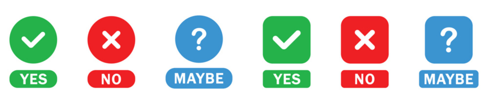 Yes no maybe icons collection with green check, red cross and blue question mark vector set