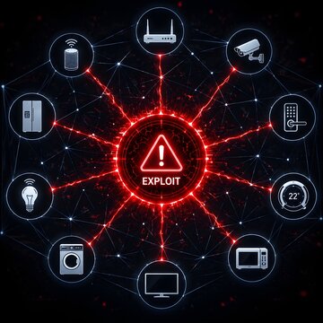 Abstract digital IoT vulnerability web connecting smart home appliance icons with a central security exploit.