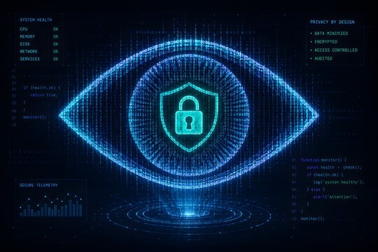 Holographic eye icon made of computer code symbolizing secure privacy respecting network system surveillance concept