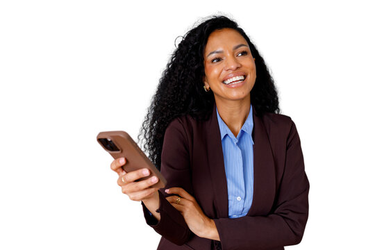 Smiling business woman holding smartphone, engaging in digital communication, connecting with mobile technology