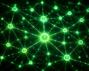 Fototapeta premium Abstract Digital Neural Net Concept With Nodes Glowing Green Indicating Healthy Secure Computer Network State