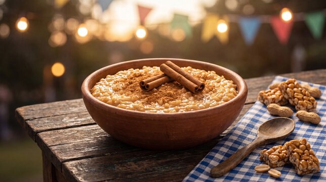 A bowl of creamy Brazilian rice pudding, known as Arroz Doce, served with cinnamon sticks and peanut candy on a rustic wooden table at a festive summer party.