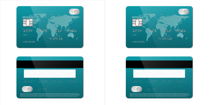 Credit card design template, front and back view, with emv chip and magnetic stripe, isolated on transparent background