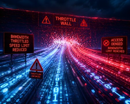 Digital highway made of glowing data streams hitting sudden abrupt bandwidth throttling wall with warnings