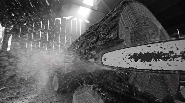 Black and white close up of a chainsaw cutting through a large log to make firewood