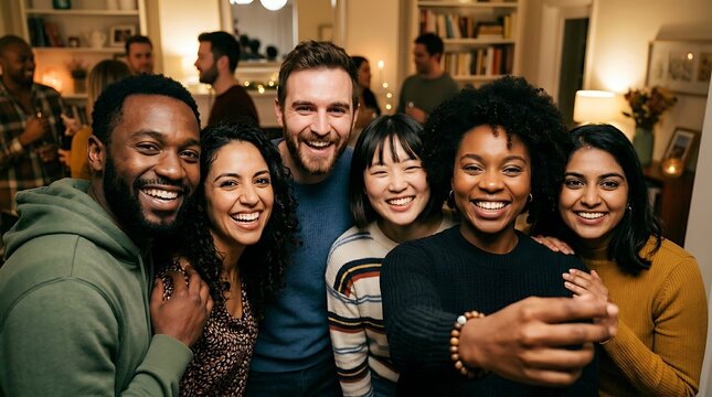 Diverse group of friends smiling and laughing while taking a selfie at a party, capturing a moment of joy and connection