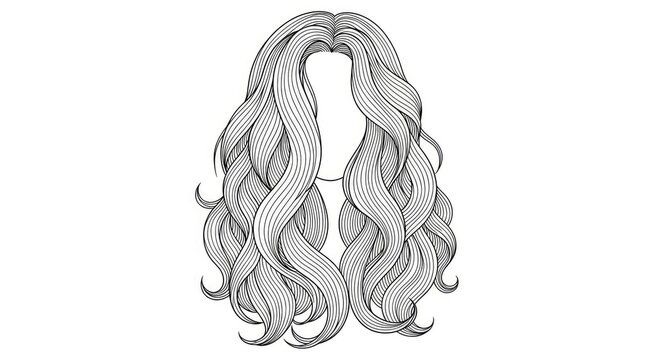 A detailed black and white line drawing depicts a long, flowing, wavy hairstyle. The hair is intricately rendered with numerous parallel lines creating a sense of volume and movement.