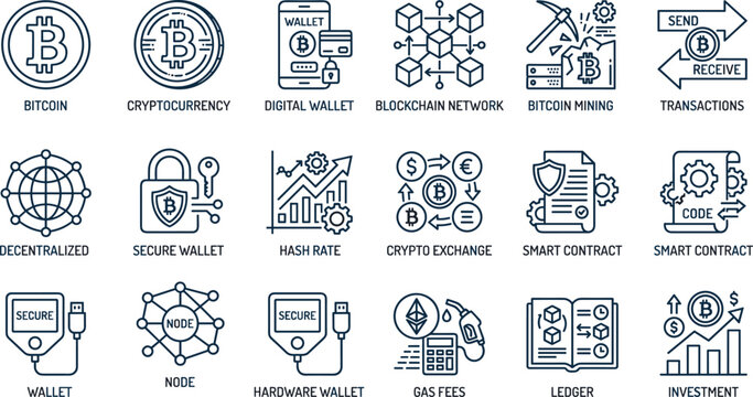 Bitcoin and cryptocurrency vector icon set featuring blockchain network digital wallet transactions bitcoin mining smart contract ledger gas fees hash rate and investment icons